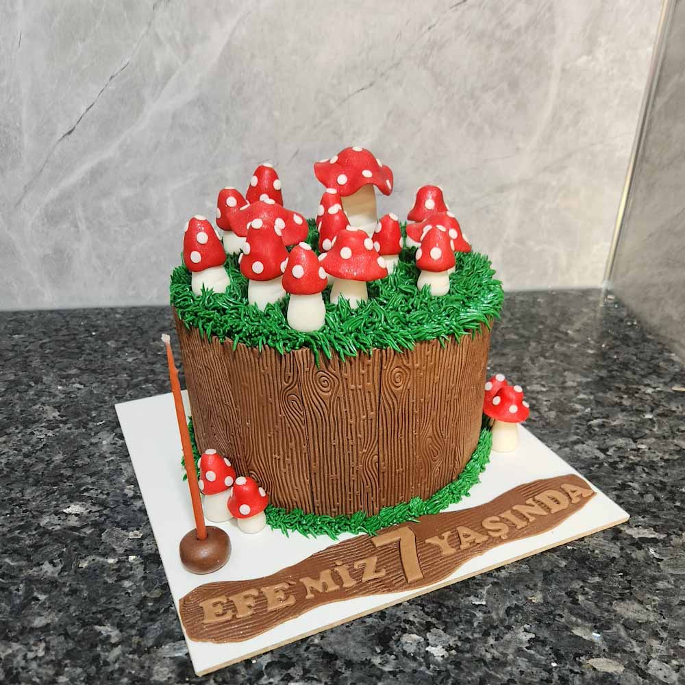 Mantar Figürlü doğum günü pastası – zarif tasarım, butik dokunuş ve unutulmaz kutlamalar için özel lezzet.